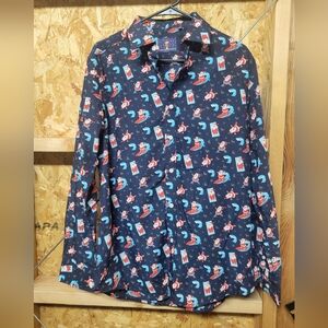 Simon Banks NWOT Surfing Santa Christmas Button Up Mens‎ Size Medium